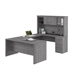 Bestar Logan 66W U or L Shaped Desk with Hutch and Drawers (Bark Grey)