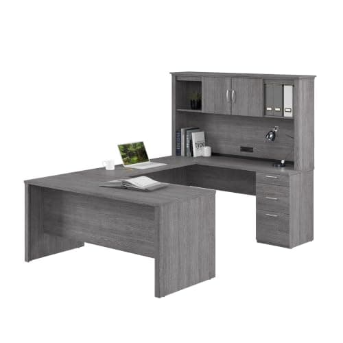Bestar Logan 66W U or L Shaped Desk with Hutch and Drawers (Bark Grey)