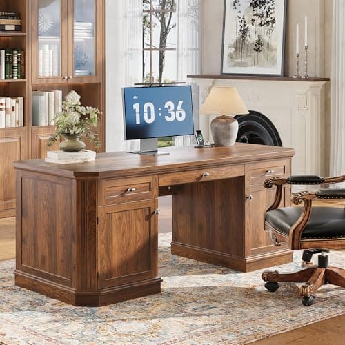 AMBERHAUS 59" Classic Executive Desk with Storage (Dark Walnut)